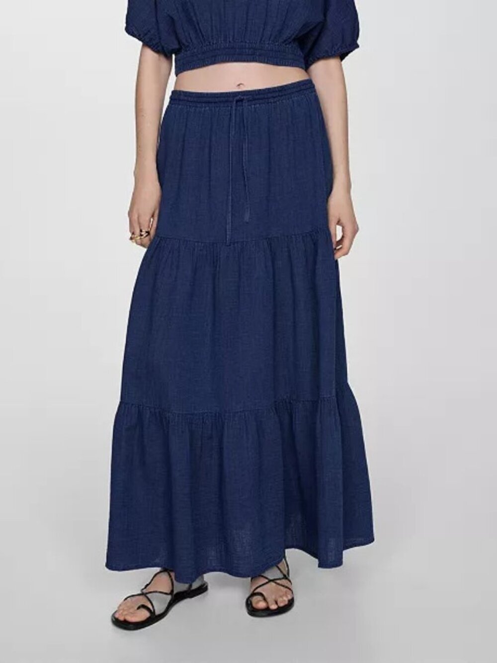 MNG Mango Blue Tiered Maxi Skirt Drawstring Boho Coastal Women's Size S